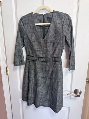 Banana Republic Gray Plaid Long-Sleeve Fit & Flare Dress